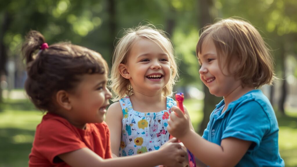Little girls or children smiling and placing their hands together, showing social interaction related to signs of autism in a 3-year-old