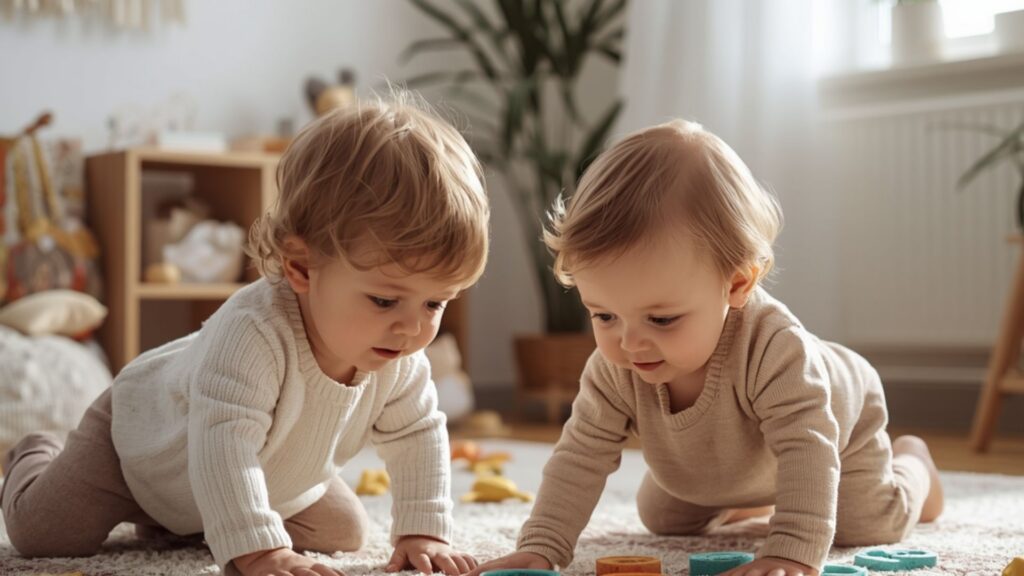 Toddlers playing together on the floor demonstrating early social and developmental behaviors in young children