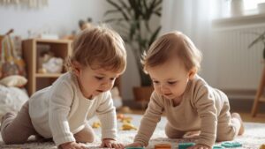 Toddlers playing together on the floor demonstrating early social and developmental behaviors in young children