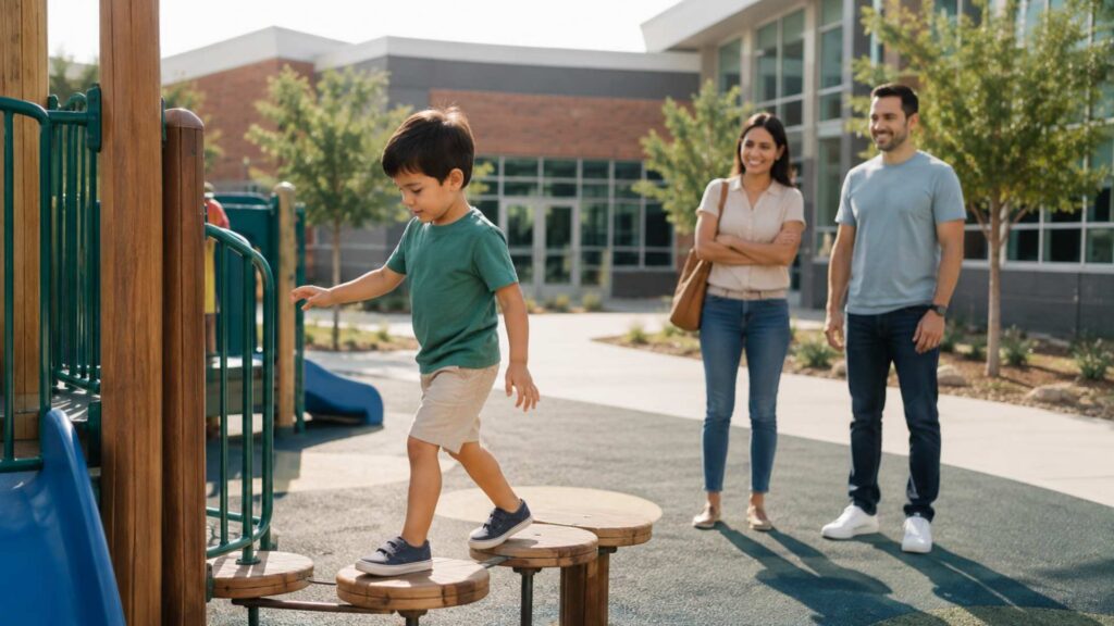 Family visiting an elementary school before the first day of kindergarten.