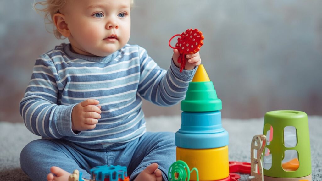 Toddler stacking colorful rings on a toy, demonstrating play and fine motor skills while highlighting concerns around “Is my 18-month-old behind” and developmental milestones