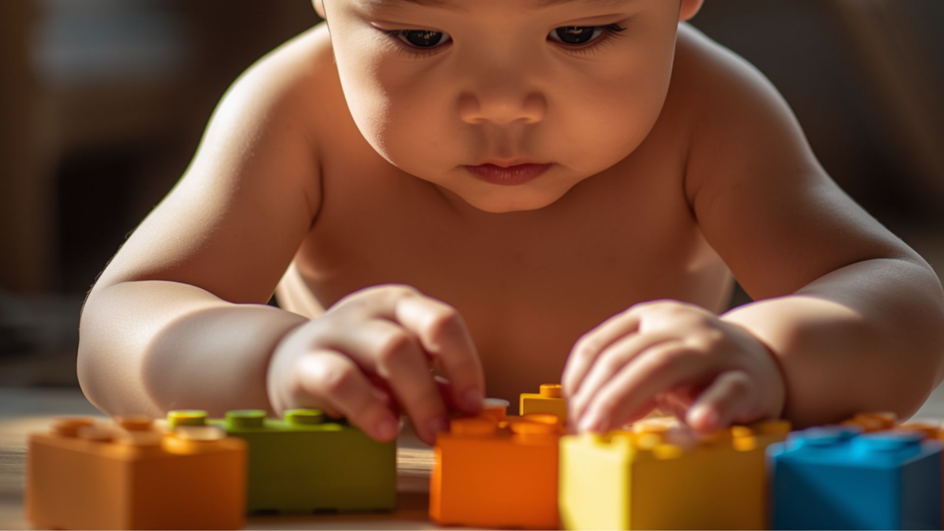 Baby stacking colorful blocks while focusing intently, illustrating early play skills and prompting the question “Is my 18-month-old behind” in relation to developmental milestones