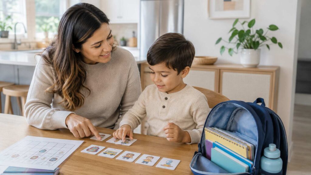 Parent helping a child practice kindergarten readiness skills at home