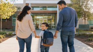 Parents walking their child to autism in kindergarten on the first day of school with confidence and support.