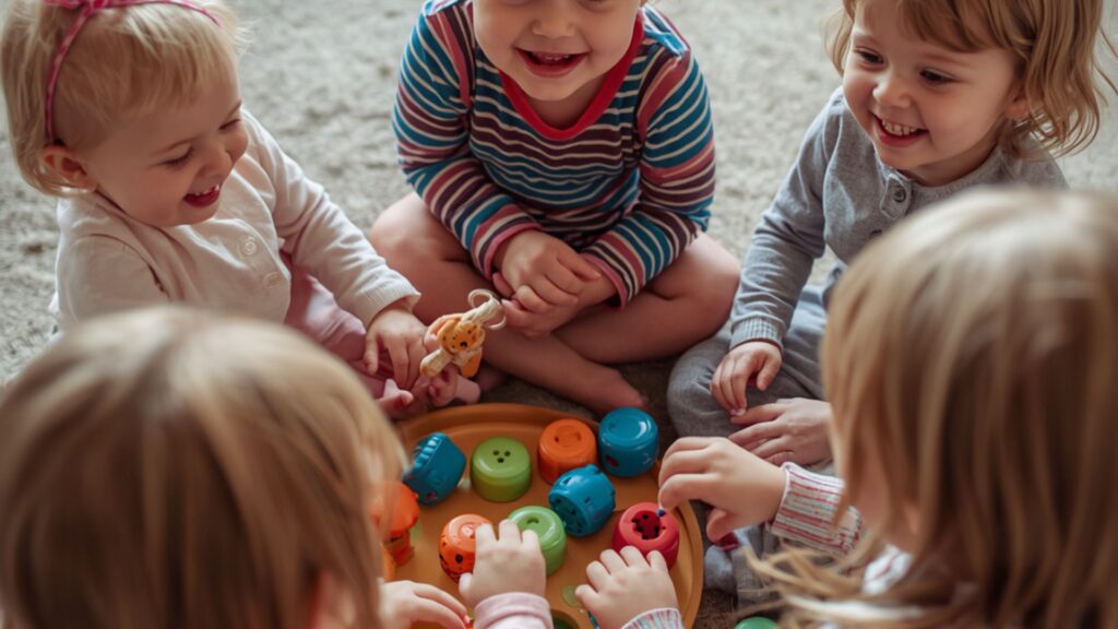 Toddlers playing together with toys in a group, showing social interaction and developmental milestones at 12 months