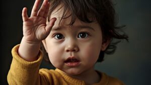 Why doesn’t my toddler respond to their name, child looking forward with raised hand as a possible early sign of autism
