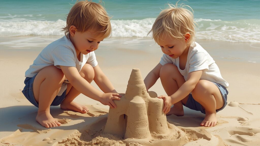 Toddler line up toys behavior compared to social play, with children building a sandcastle and engaging in typical play instead of repetitive play