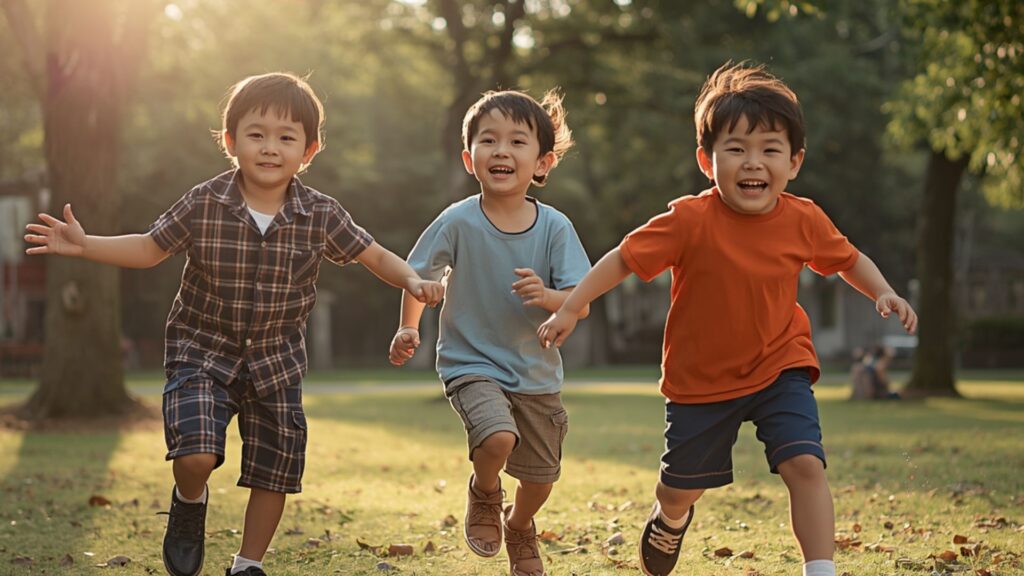 Three toddlers running and smiling outdoors, representing healthy social development while exploring why isn’t my toddler talking yet