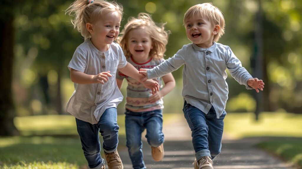 Young children running and laughing in a park, showing social interaction linked to why isn’t my toddler talking yet