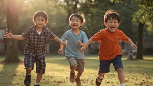 Three toddlers running and smiling outdoors, representing healthy social development while exploring why isn’t my toddler talking yet