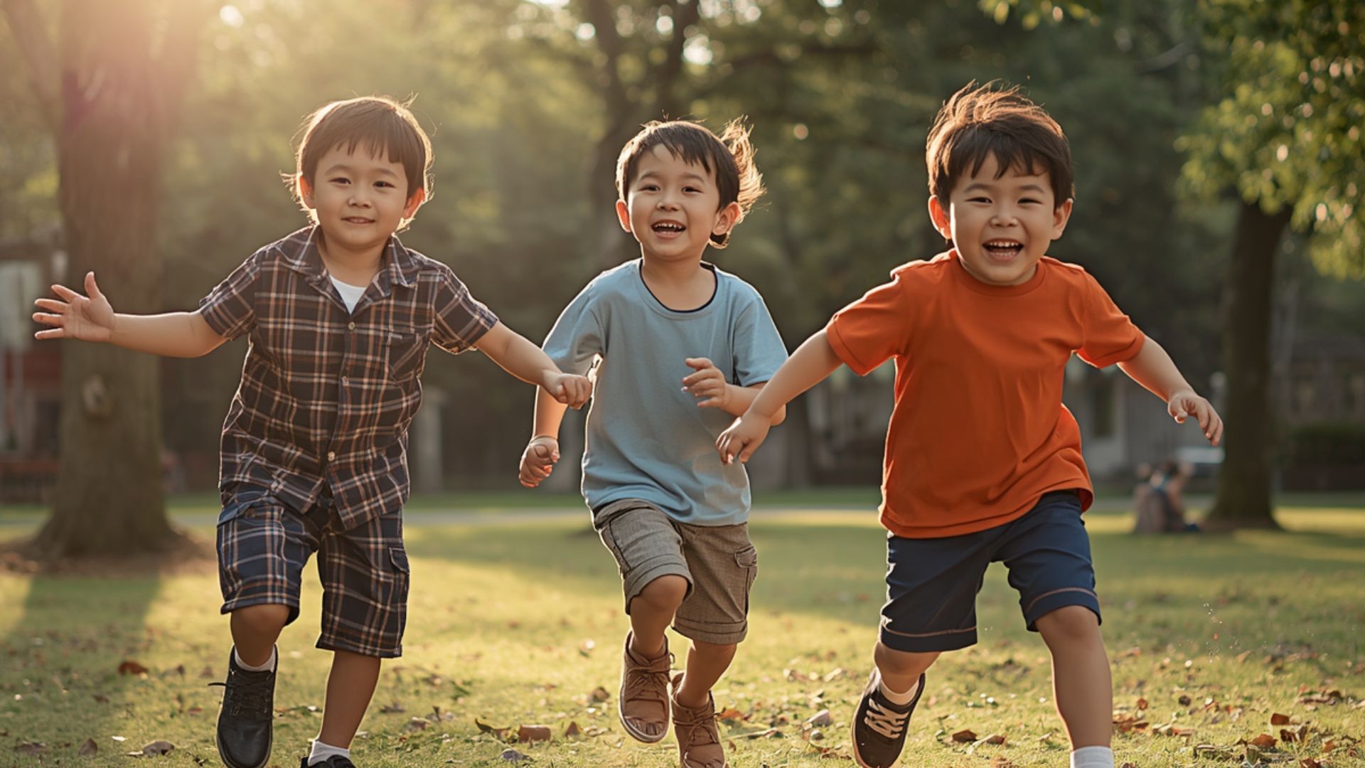 Three toddlers running and smiling outdoors, representing healthy social development while exploring why isn’t my toddler talking yet
