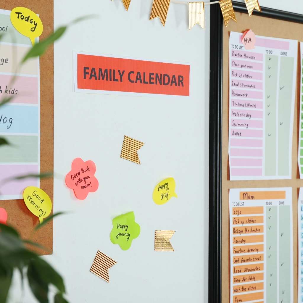 Family calendar and visual schedule supporting daily routines at home